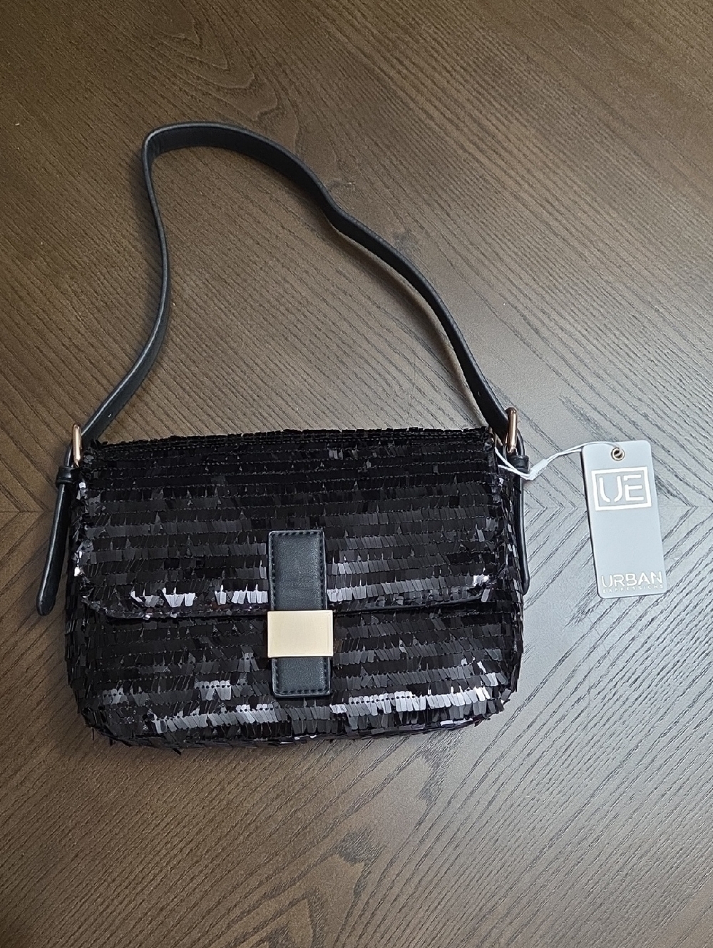 Urban Expressions Black Sequin Shoulder Bag with Gold Accent Includes Crossbody
